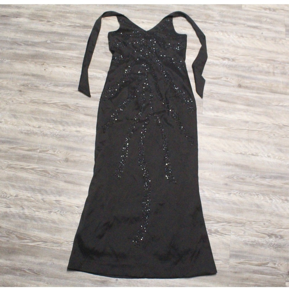 Black Sequin Sunburst Maxi Dress Tie Shoulder Formal Evening Gown